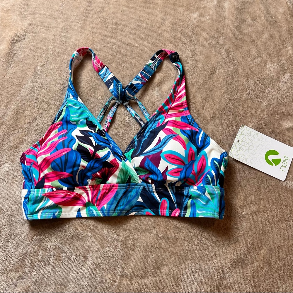 NEXT Colourful Racerback Sports Bra Bikini w Tropical Leaf Print - Size 32 B/C